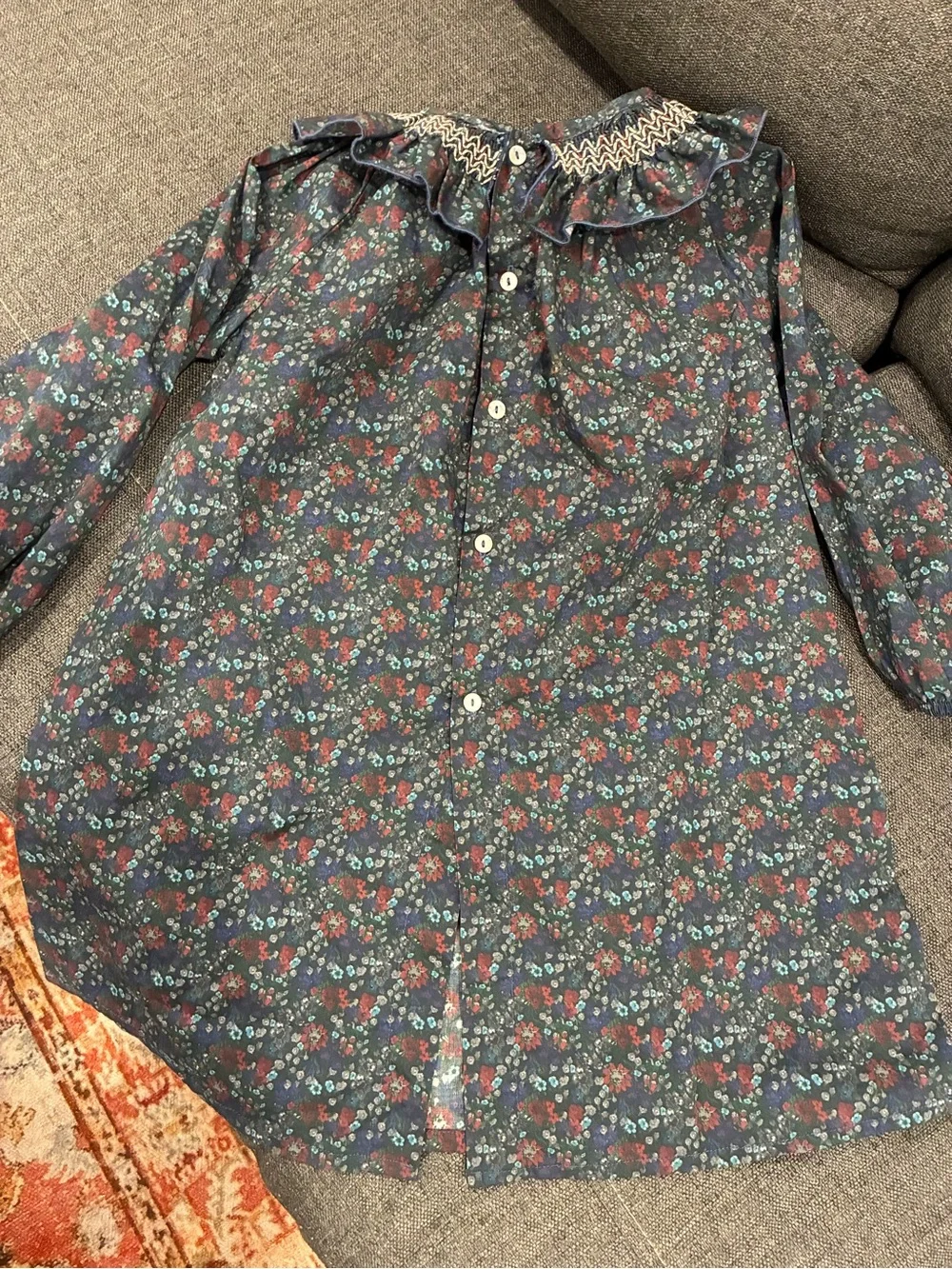 NUECES Navy Floral Smocked Ruffle Long-Sleeve Kids Dress button down cottagecore